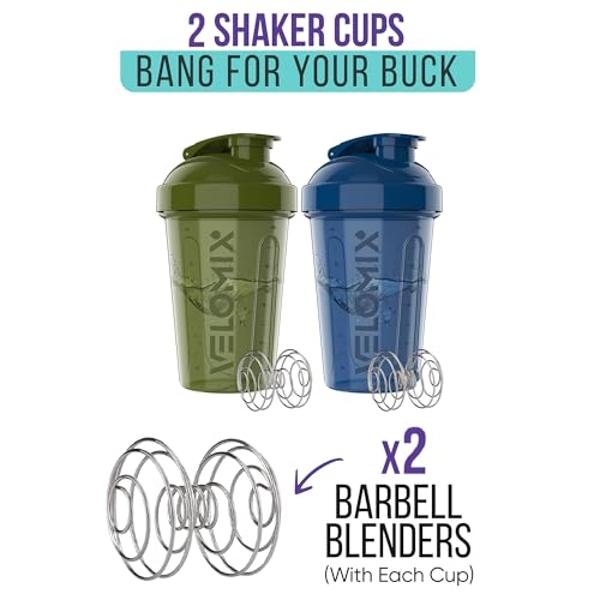 VELOMIX -2 Pack- 20 oz Protein Shaker Bottles for Protein Mixes - 2x Wire Whisk | Leak Proof Shaker Cups for Protein Shakes and Pre Workout | Protein Shaker Bottle Pack | Protein M