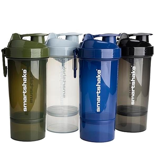 Smartshake O2GO ONE 4-Pack Protein Shaker Bottle 800 ml | 27 oz - Storage Included - Leakproof Screw-on Lid - BPA Free – Unisex - Mist Gray, Army Green, Black, Navy Blue
