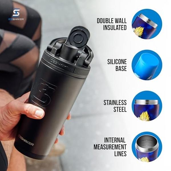 Ice Shaker Dragon Ball Z Stainless Steel Shaker Bottle | 26oz , Vegeta | Cold for 30+ Hours | Insulated Cup with Twist-on Agitator | Odor-Free Bottle for Protein Shakes, Water, Smo