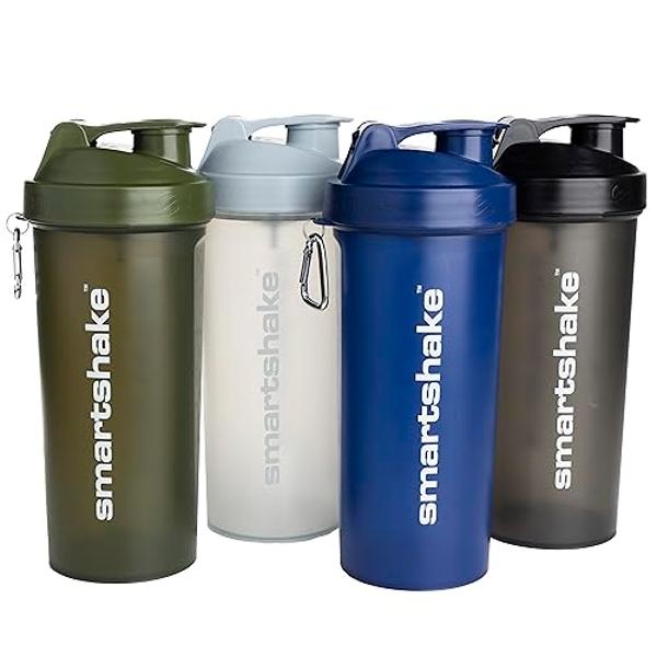 Smartshake Lite 4-Pack Protein Shaker Bottle 1000 ml | 34 oz - Leakproof Screw-on Lid - BPA Free – Unisex - Mist Gray, Army Green, Black, Navy Blue
