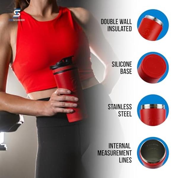 Ice Shaker Insulated Stainless Steel Shaker Bottle | 26oz, Red/Black | Cold for 30+ Hours | Insulated Cup with Twist-on Agitator | Odor-Free Bottle for Protein Shakes, Water, Smoot