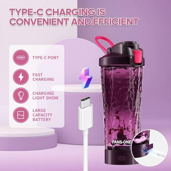 FANS-ONE Electric Protein Shaker Bottle, Lockable Electric Blender Cup, 24oz Tritan USB Rechargeable Mixer, Portable Blender Shaker Cups for Protein Shakes for Women Men, Purple