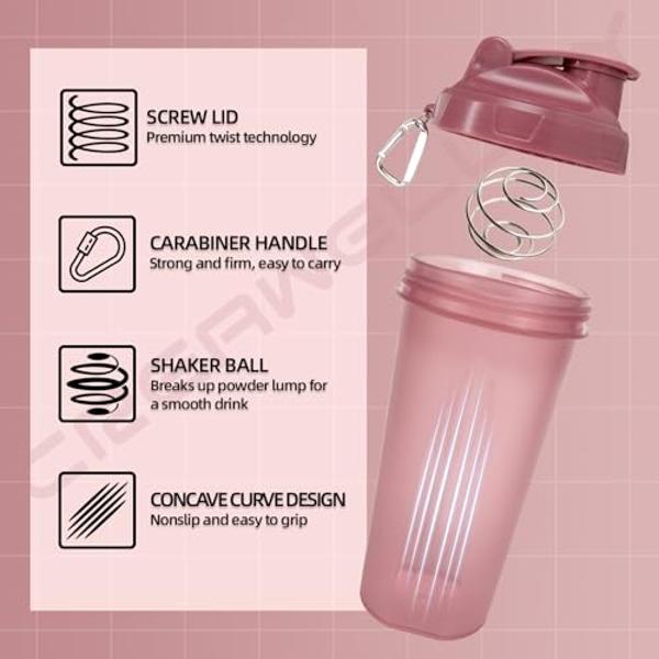 CREAWELLAY 2 Pack Protein Shaker Bottle, 24 oz Protein Shaker Cup with Wire Shaker Ball for Pre Workout, Shake Bottle with Carrying Handle, BPA-Free & Dishwasher Safe (Blue, Pink)