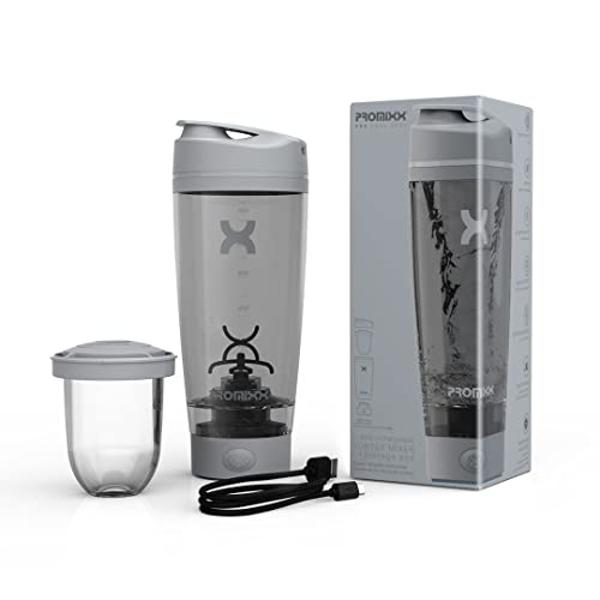 Promixx PRO Shaker Bottle New Edition – Rechargeable, Powerful for Smooth Protein Shakes – includes Supplement Storage, BPA Free, 20oz Cup, Cool Gray