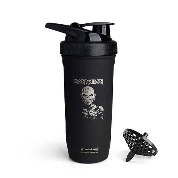 Smartshake Rockband Reforce Stainless Steel Protein Shaker Bottle 900 ml | 30 oz - Leakproof Screw-on Lid - BPA Free - Not Insulated – Unisex - Iron Maiden, Book of Souls Logo on B