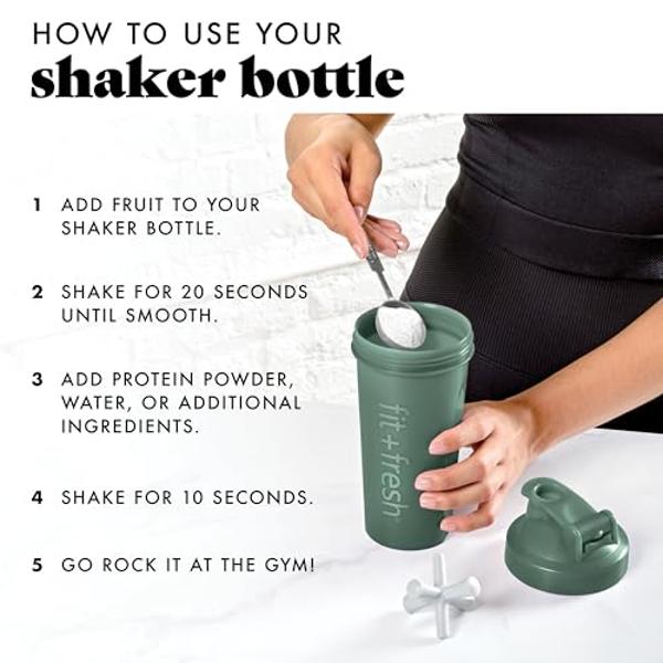 Fit & Fresh Shaker Bottle, Leak Proof Sports Blender Bottle for Protein Mix For Women,Durable Protein Shaker Cup 24 oz.with Unique Agitator for Smooth Mixing, Sage Green