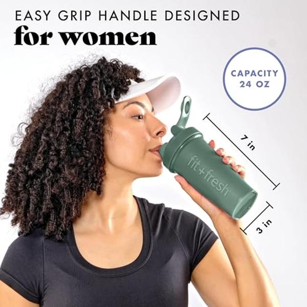 Fit & Fresh Shaker Bottle, Leak Proof Sports Blender Bottle for Protein Mix For Women,Durable Protein Shaker Cup 24 oz.with Unique Agitator for Smooth Mixing, Sage Green