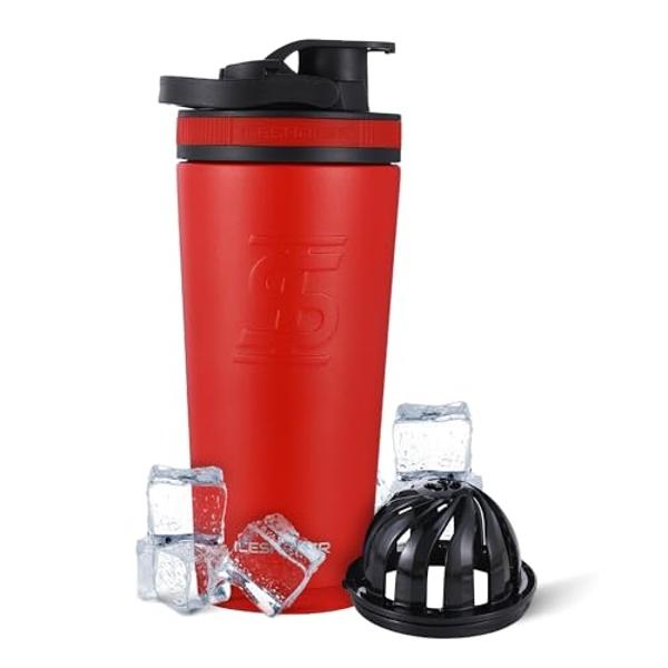 Ice Shaker Insulated Stainless Steel Shaker Bottle | 26oz, Red/Black | Cold for 30+ Hours | Insulated Cup with Twist-on Agitator | Odor-Free Bottle for Protein Shakes, Water, Smoot
