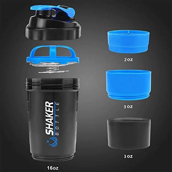 Protein Shaker Bottle - Sports Water Bottle - Non Slip 3 Layer Twist Off 3oz Cups with Pill Tray - Leak Proof Shake Bottle Mixer- Protein Powder 22 oz Shake Cup with Storage