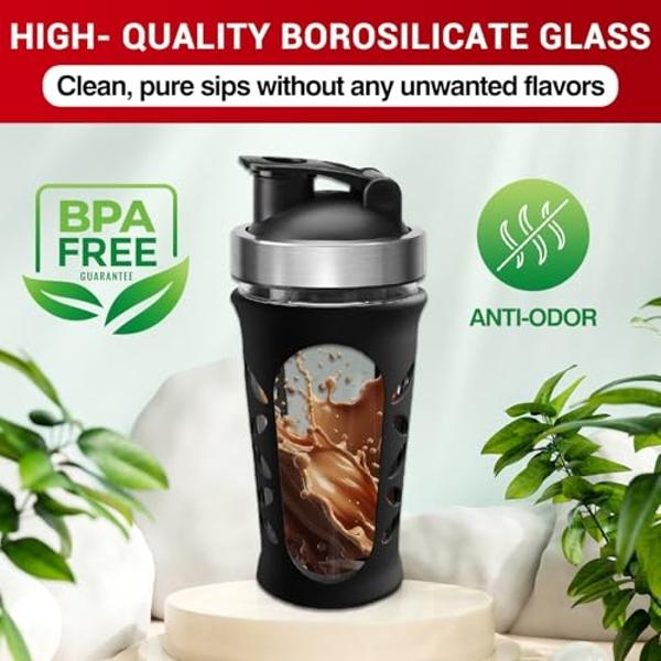 Tilcore Glass Protein Shaker Bottle for Protein Mixes and Shakes - 635ml 20oz, BPA-Free Shake Bottle, Leak-Proof Glass Shaker Blender - Mixer for Gym, Durable Shaker