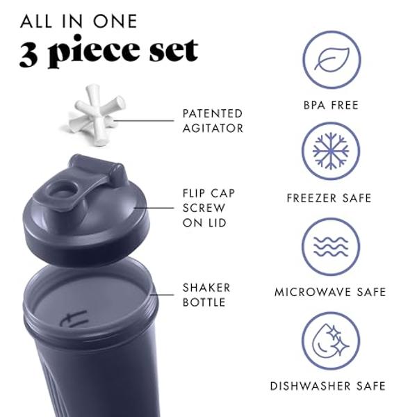 Fit & Fresh Shaker Bottle, Leak Proof Sports Blender Bottle for Protein Mix For Women, Durable Protein Shaker Cup 24 oz.with Unique Agitator for Smooth Mixing, Midnight Blue