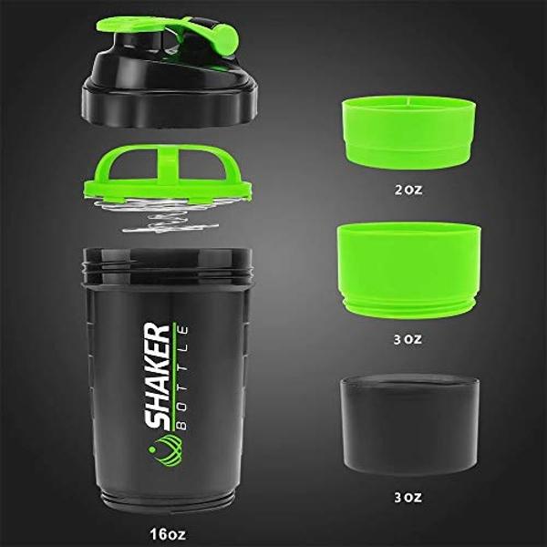 VIGIND Protein Shaker Bottle,16 oz Shake Cup for Protein Powder with Storage,Sports Water Bottle,Non Slip 3 Layer Twist Off 3oz Cups with Pill Tray Leak Proof Shake Bottles for Pro