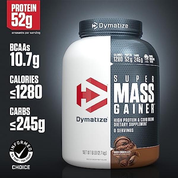 Dymatize Super Mass Gainer Protein Powder, Rich Chocolate, 52g Protein, 1g Creatine, 1280 Calories, 10.7g BCAAs, 245g Carbs, Contains Whey Protein Powder, Isolate, and Casein, Tota