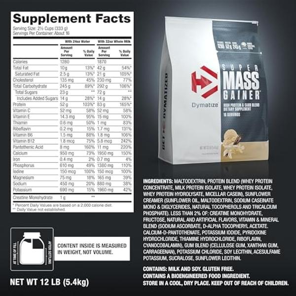 Dymatize Super Mass Gainer Protein Powder, Gourmet Vanilla, 52g Protein, 1g Creatine, 1280 Calories, 10.7g BCAAs, 245g Carbs, Contains Whey Protein Powder, Isolate, and Casein, Tot