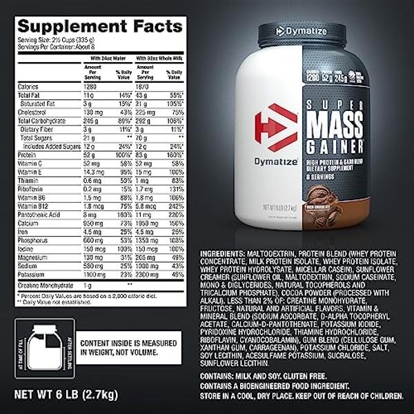 Dymatize Super Mass Gainer Protein Powder, Rich Chocolate, 52g Protein, 1g Creatine, 1280 Calories, 10.7g BCAAs, 245g Carbs, Contains Whey Protein Powder, Isolate, and Casein, Tota