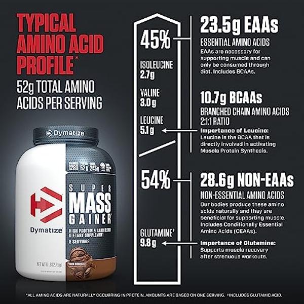 Dymatize Super Mass Gainer Protein Powder, Rich Chocolate, 52g Protein, 1g Creatine, 1280 Calories, 10.7g BCAAs, 245g Carbs, Contains Whey Protein Powder, Isolate, and Casein, Tota