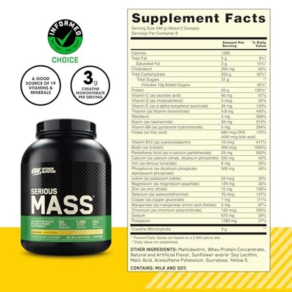 Optimum Nutrition Serious Mass, Weight Gainer Protein Powder, Mass Gainer, Vitamin C and Zinc for Immune Support, Creatine, Banana, 6 Pound (Packaging May Vary)