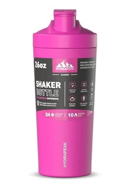 Hydrapeak Insulated Shaker Bottle, Shaker Bottles for Protein Mixes, Blender Shaker, Protein Shake Bottle, Stainless Steel Shaker Cup, Ice Shaker, Fuchsia