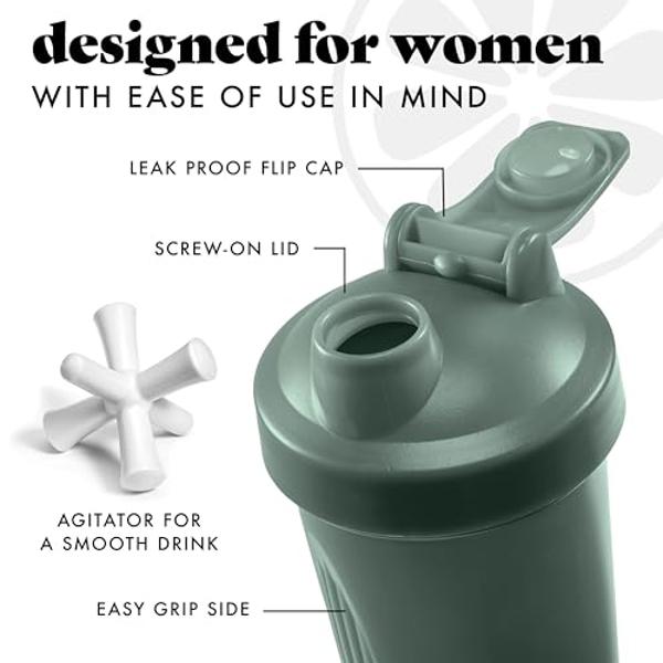Fit & Fresh Shaker Bottle, Leak Proof Sports Blender Bottle for Protein Mix For Women,Durable Protein Shaker Cup 24 oz.with Unique Agitator for Smooth Mixing, Sage Green