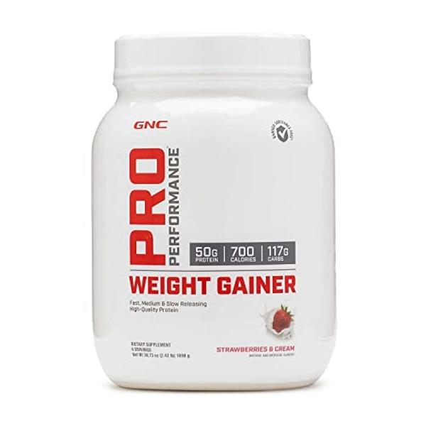 GNC Pro Performance Weight Gainer Protein Powder, 50g Protein, High Calorie, 700 Calories, Supports Mass and Muscle Recovery, MCT, BCAA, 3rd Party Tested, Double Strawberries and C