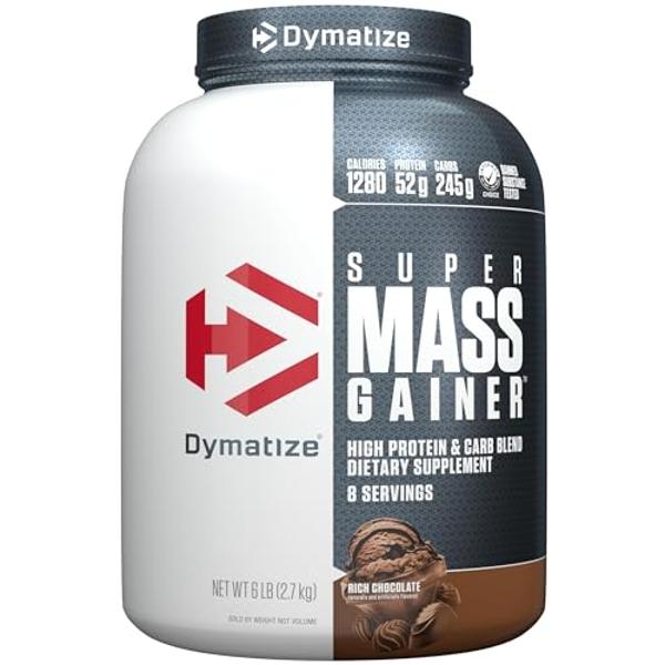 Dymatize Super Mass Gainer Protein Powder, Rich Chocolate, 52g Protein, 1g Creatine, 1280 Calories, 10.7g BCAAs, 245g Carbs, Contains Whey Protein Powder, Isolate, and Casein, Tota