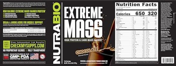 NutraBio Extreme Mass Gainer Protein Powder, 53G Protein, Clean Weight Gainer, Increase Muscle Mass, Full Spectrum Amino Acid - Chocolate, 6 Pound