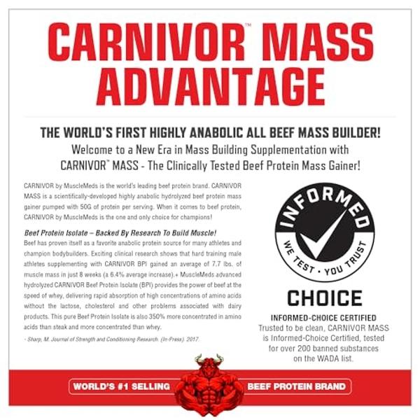 MuscleMeds CARNIVOR Mass Gainer Beef Protein Isolate Shake, 50 Grams Protein, 125 Grams Carbs, 0 Fat, 0 Sugar, Lactose Free, Chocolate Fudge, 5 Pound