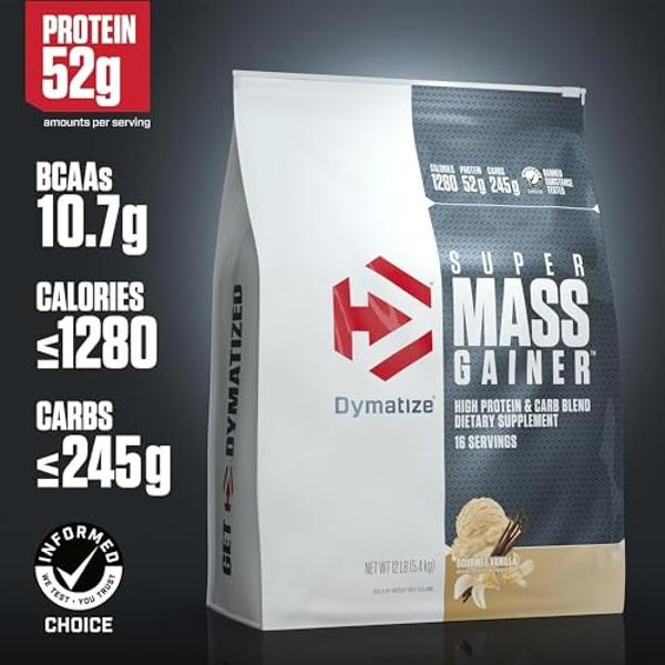 Dymatize Super Mass Gainer Protein Powder, Gourmet Vanilla, 52g Protein, 1g Creatine, 1280 Calories, 10.7g BCAAs, 245g Carbs, Contains Whey Protein Powder, Isolate, and Casein, Tot