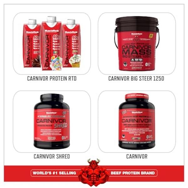 MuscleMeds CARNIVOR Mass Gainer Beef Protein Isolate Shake, 50 Grams Protein, 125 Grams Carbs, 0 Fat, 0 Sugar, Lactose Free, Chocolate Fudge, 5 Pound