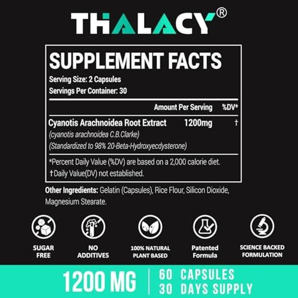 Thalacy 1200MG Beta Ecdysterone Supplement, 98% Maximum Purity Ecdysterone Supplements for Lean Muscle Mass, Athletic Performance & Strength, 120 Capsules