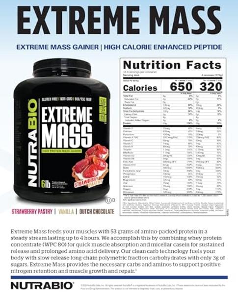NutraBio Extreme Mass Gainer Protein Powder, 53G Protein, Clean Weight Gainer, Increase Muscle Mass, Full Spectrum Amino Acid - Vanilla, 6 Pound