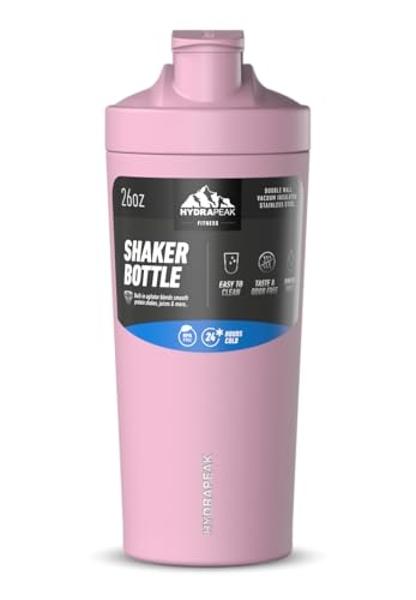 Hydrapeak Insulated 26oz Shaker Bottle, Gym Protein Shake Mixer, Stainless Steel, Pink