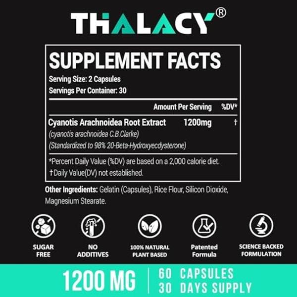 Thalacy 1200MG Beta Ecdysterone Supplement, 98% Maximum Purity Ecdysterone Supplements for Lean Muscle Mass, Athletic Performance & Strength, 120 Capsules