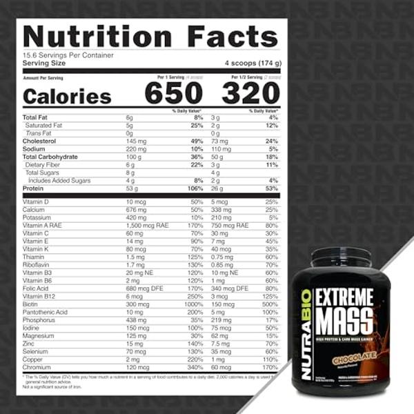 NutraBio Extreme Mass Gainer Protein Powder, 53G Protein, Clean Weight Gainer, Increase Muscle Mass, Full Spectrum Amino Acid - Chocolate, 6 Pound
