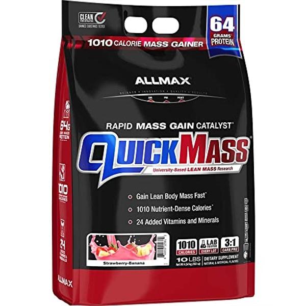 ALLMAX Nutrition QUICKMASS, Strawberry Banana - 10 lb - Rapid Mass Gain Catalyst - Up to 64 Grams of Protein Per Serving - 3:1 Carb to Protein Ratio - Zero Trans Fat - Up to 70 Ser