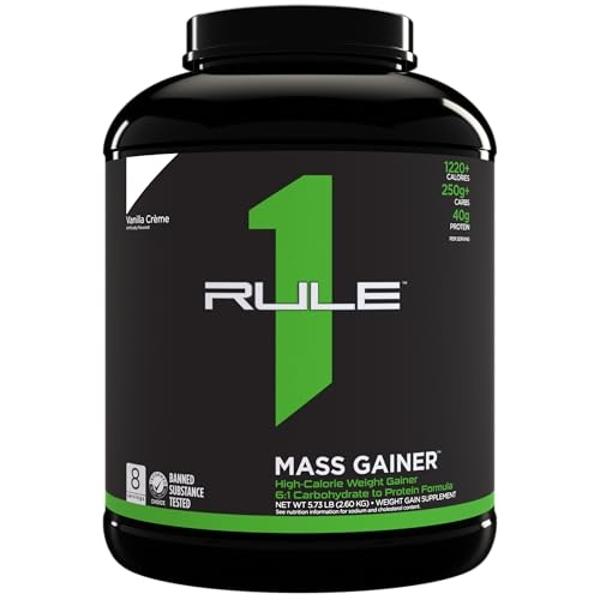Rule One Proteins, R1 Mass Gainer - Vanilla Crème, High-Calorie Weight Gain Formula with 1,220+ Calories, 250g+ Complex Carb Blend, 40g All-Whey Protein, 8g Fat Per Serving, 6 Poun