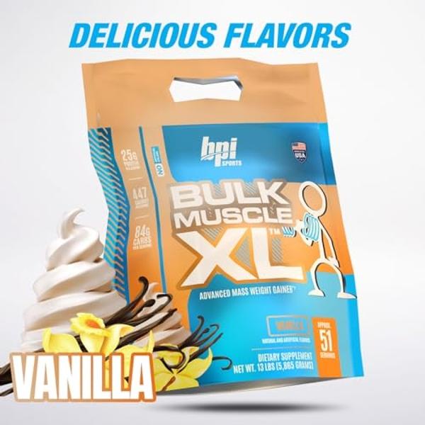 BPI Sports Bulk Muscle XL - Advanced Mass Weight Gainer for Serious Muscle Building & Recovery, 25g Protein & 497 Calories Per Serving - Chocolate, 13lb Bag (13lb, Vanilla)