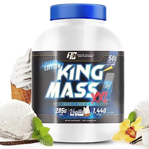 Ronnie Coleman Signature Series King Mass XXL Mass Gainer Protein Powder, Muscle Gainer, 50g Protein, 285g Carbohydrates, 1,400+ Calories, Creatine and Glutamine, 6lb (Vanilla (6 P