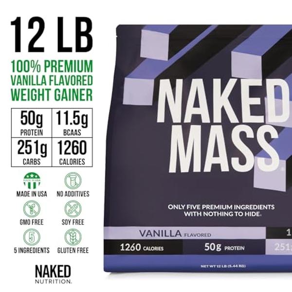 NAKED Vanilla Mass - All Natural Vanilla Weight Gainer Protein Powder - 12LB Bulk, GMO Free, Gluten Free & Soy Free, No Artificial Ingredients - 1,260 Calories - 17 Servings