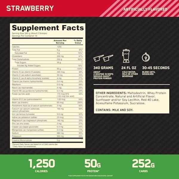 Mutant Mass Weight Gainer Protein Powder with Whey, and Casein Protein Blend for High-Calorie Workout Shakes, Smoothies, and Drinks, 15 lb - Strawberry Banana