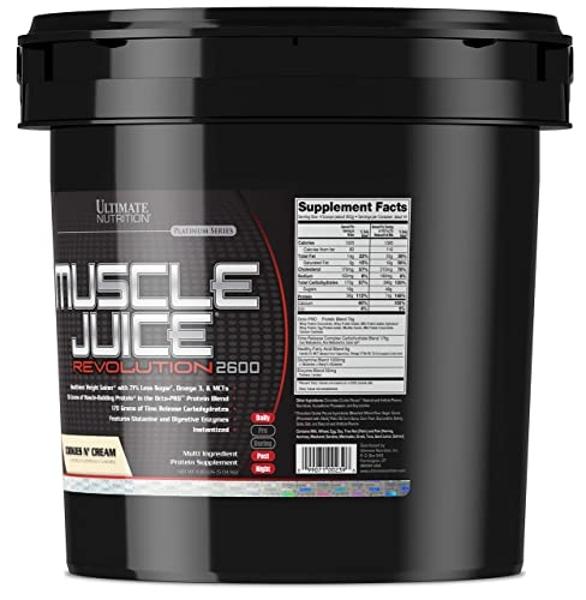 Ultimate Nutrition Muscle Juice Revolution 2600 Weight Gainer, Muscle Recovery with Glutamine, Micellar Casein and Time Release Complex Carbohydrates, Cookies N Cream Powder, 11.1 