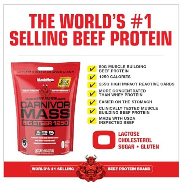 MuscleMeds CARNIVOR Mass Gainer Beef Protein Isolate Shake, 50 Grams Protein, 125 Grams Carbs, 0 Fat, 0 Sugar, Lactose Free, Chocolate Fudge, 5 Pound