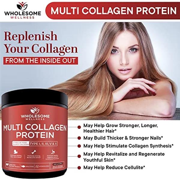 Wholesome Wellness Multi Collagen Protein Powder Hydrolyzed (Type I II III V X) Grass-Fed All-in-One Super Bone Broth + Peptides - Premium Blend of Beef, Chicken, Wild Fish, Eggshe