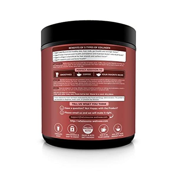 Wholesome Wellness Multi Collagen Protein Powder Hydrolyzed (Type I II III V X) Grass-Fed All-in-One Super Bone Broth + Peptides - Premium Blend of Beef, Chicken, Wild Fish, Eggshe