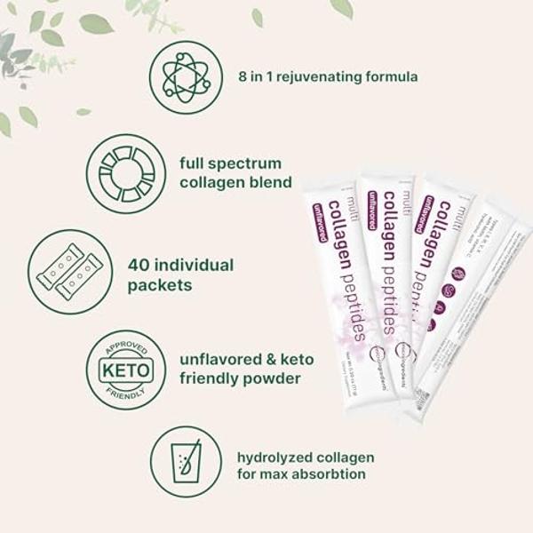 Multi Collagen Peptides, 40 Packets | Hydrolyzed Protein Peptides Powder | Type I,II,III,V,X with Hyaluronic Acid, Biotin, & Vitamin C | Unflavored, Keto, & Paleo Friendly | Ez Mix