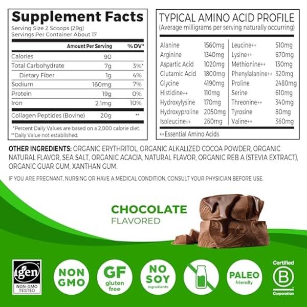 Orgain Hydrolyzed Collagen Peptides Powder For Women & Men, Chocolate, 20g Grass Fed Collagen - Hair, Skin, Nail, & Joint Support Supplement, Paleo & Keto, Non-GMO, Type I and III,