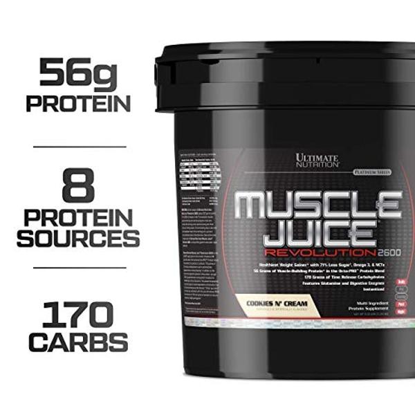 Ultimate Nutrition Muscle Juice Revolution 2600 Weight Gainer, Muscle Recovery with Glutamine, Micellar Casein and Time Release Complex Carbohydrates, Cookies N Cream Powder, 11.1 