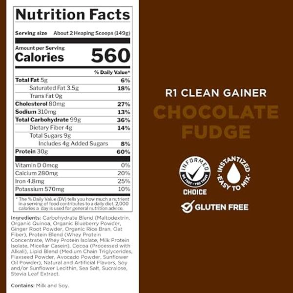 Rule One Proteins, R1 Clean Gainer - High-Protein Lean Gain Formula with 560 Calories, 30g of Full-Spectrum Protein, Over 90g Carbs, Under 6g of Fat (30 Servings, Chocolate Fudge)