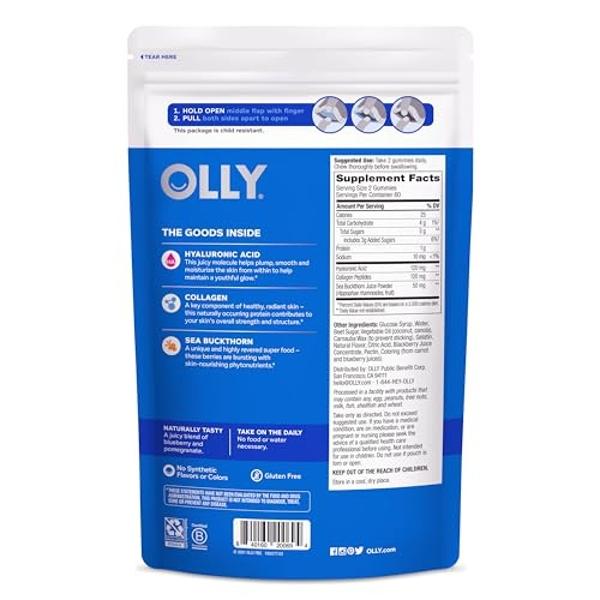 OLLY Glowing Skin Collagen Gummy, Hydrated, Youthful Skin, Hyaluronic Acid, Sea Buckthorn, Chewable Supplement, Berry, 60 Day Supply - 120 Count Pouch