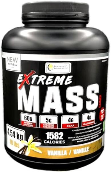Extreme Mass Weight Gainer Muscle Builder, 10 lb (4.54 kg) with Less Sugar for Intense Workout Training Made of high Calorie Fortified whey Protein (Vanilla)